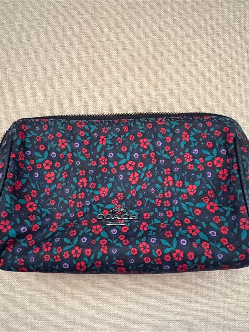 Coach Navy Floral Cosmetic Pouch with Red & Green Accents